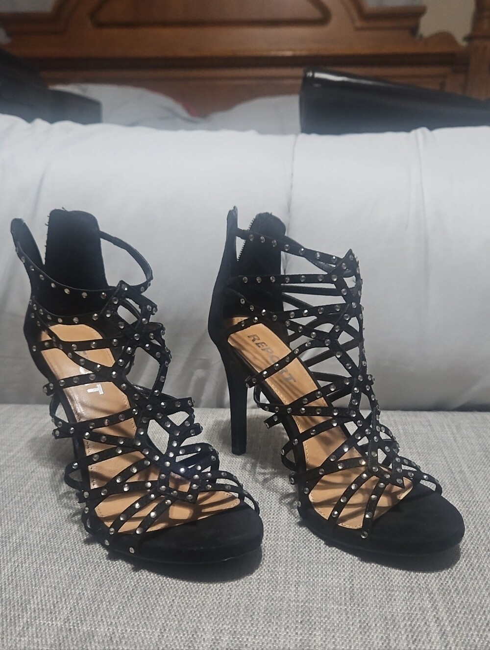 Strappy Studded Black High Heel Sandals - Report Brand